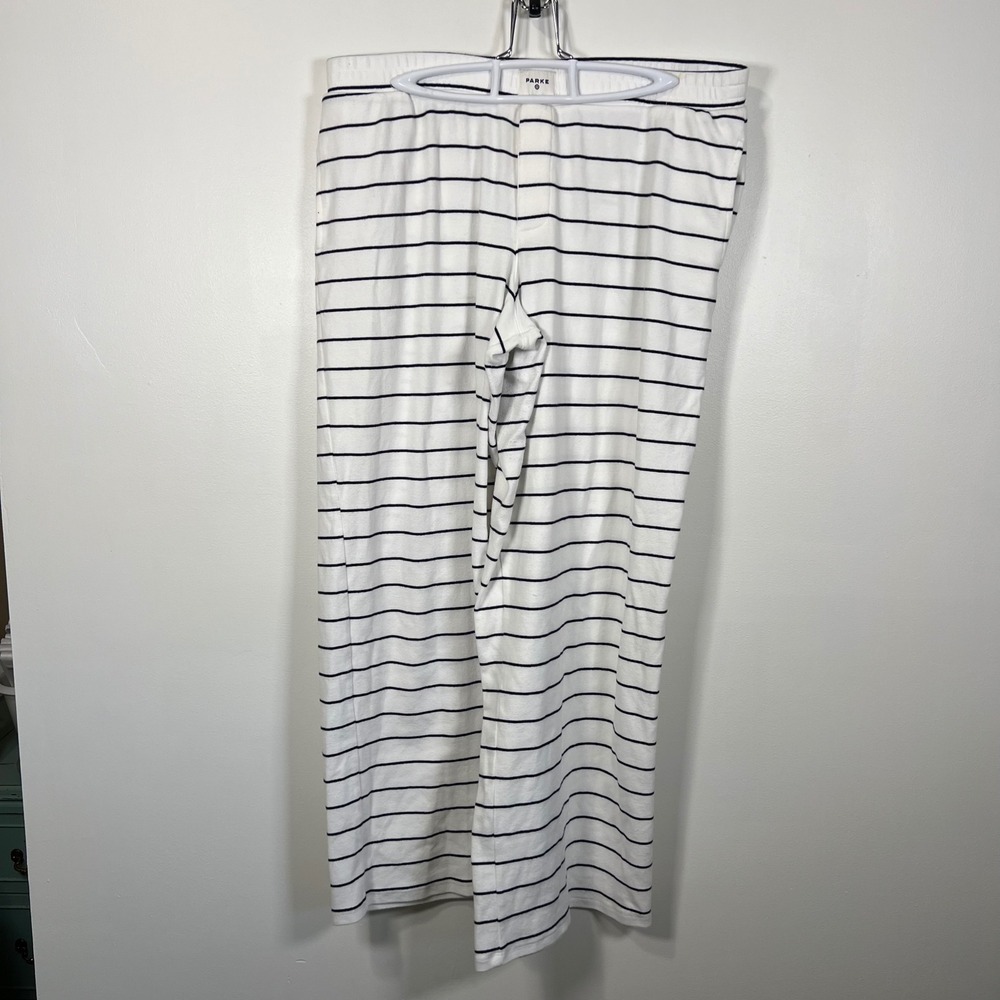 Parke Womens Striped Wide Leg Lounge Pants Coastal Nautical White Navy Large